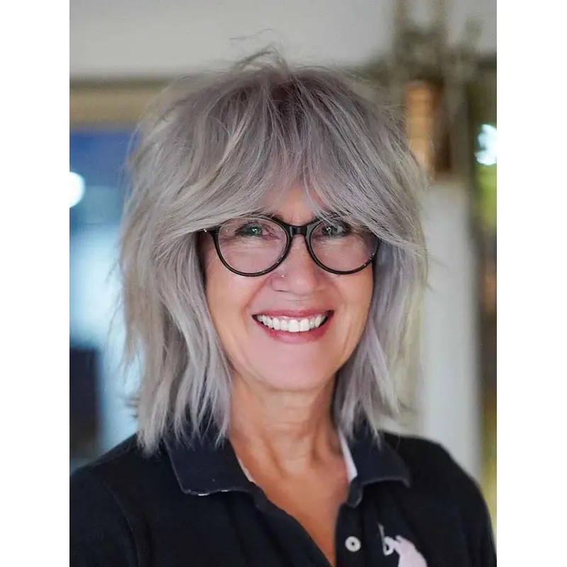Medium Length Gray Wigs Synthetic Layered Wigs Wavy Lace Front Wigs