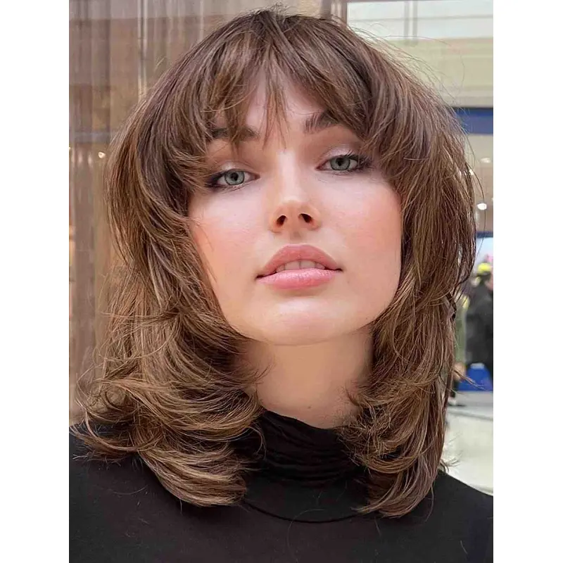 Mid Length Wigs Synthetic With Bangs Wigs Brown Lace Front Wigs