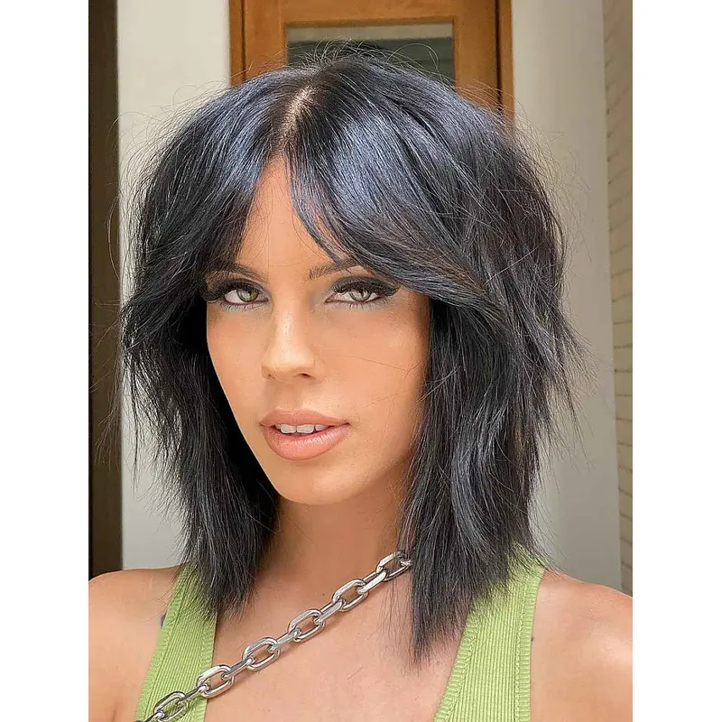 Shoulder Length Wig Black Synthetic Wigs Lace Front Straight Wigs