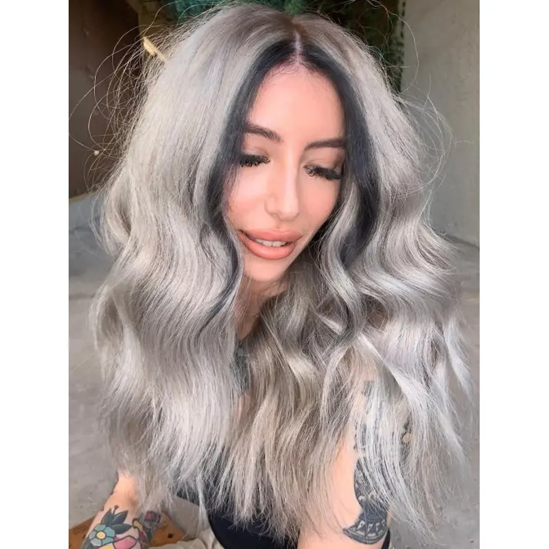 Grey Wigs For Women Wavy Without Bangs 20" Remy Human Hair Long Monofilament Wigs