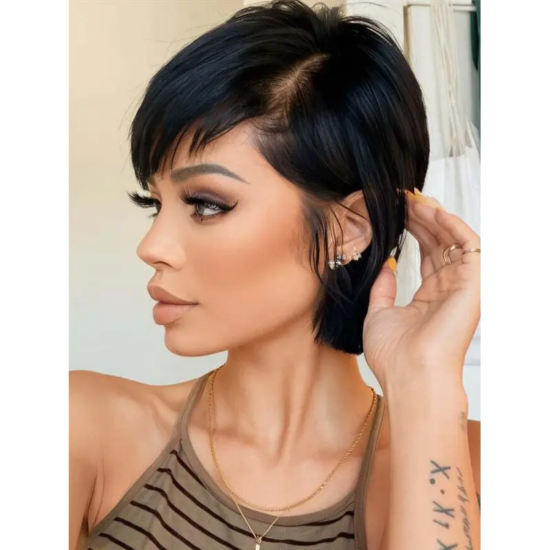 Short Black Wigs 8" Bobs Monofilament Straight Remy Human Hair Wigs