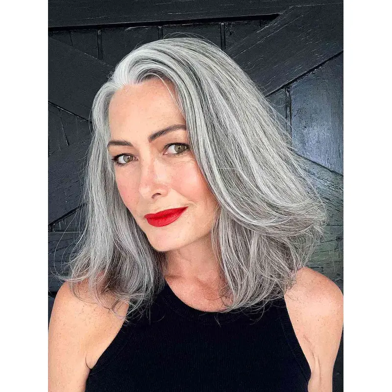 Medium Length Layered Wigs Synthetic Lace Front Wigs Straight Grey Wigs