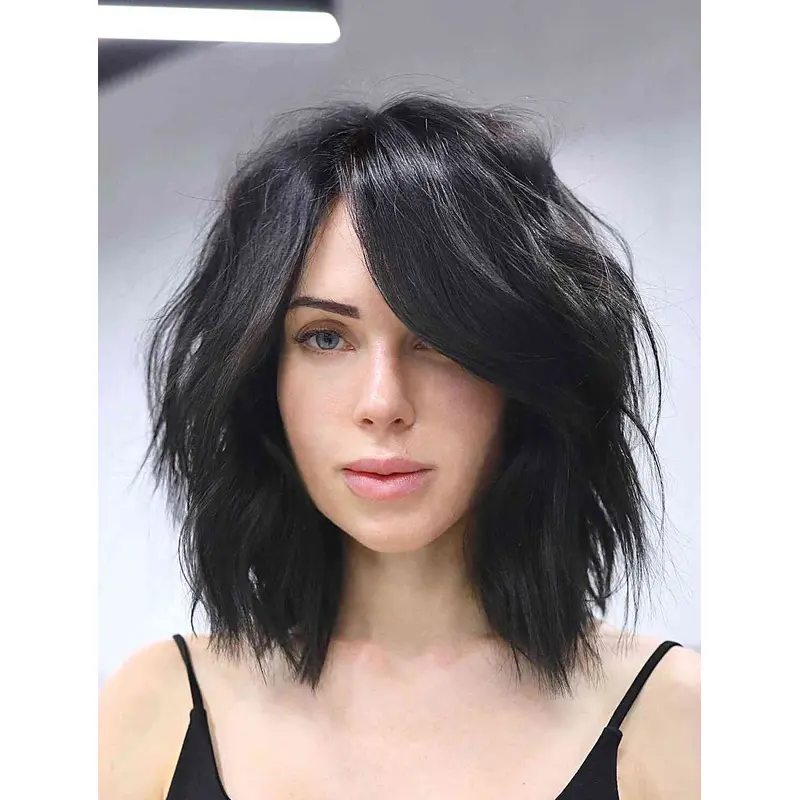 Mid Length Wigs Synthetic Bobs Wigs Lace Front Wavy Wigs