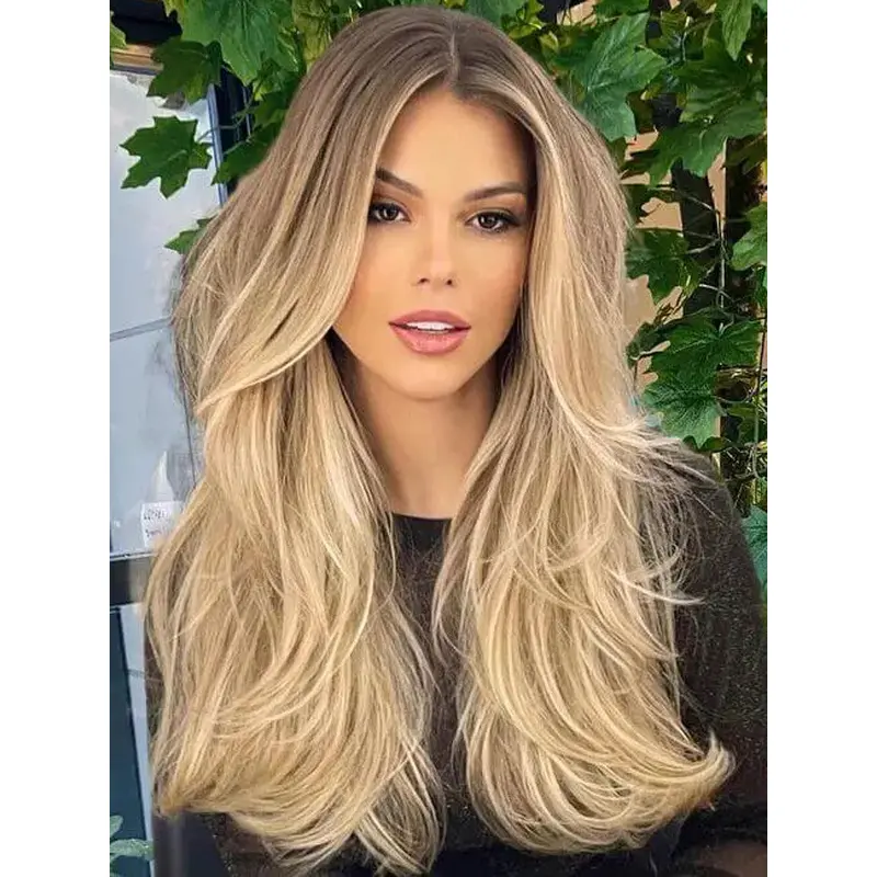 Long Blonde Wig Real Hair 20" Monofilament Layered Wigs
