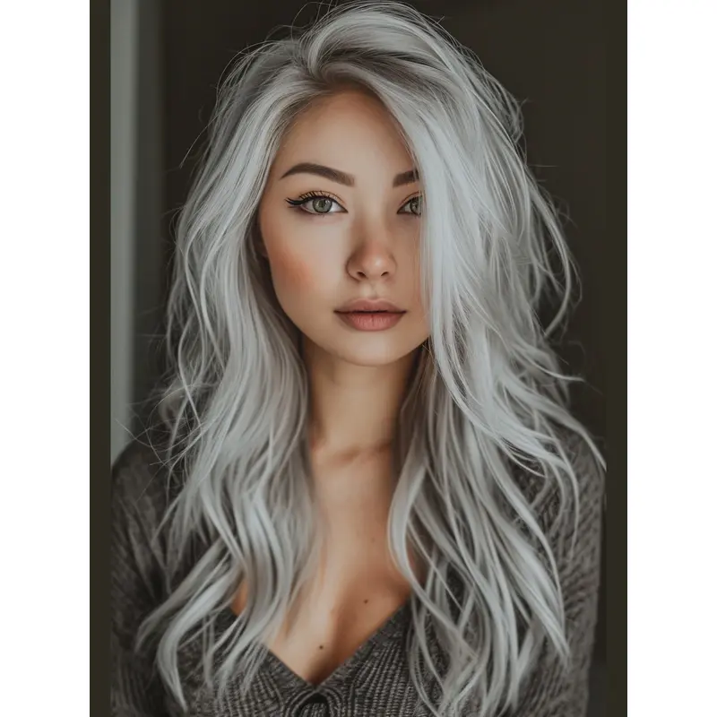 Womens Grey Wig Lace Front Long Wavy Remy Human Hair Wigs
