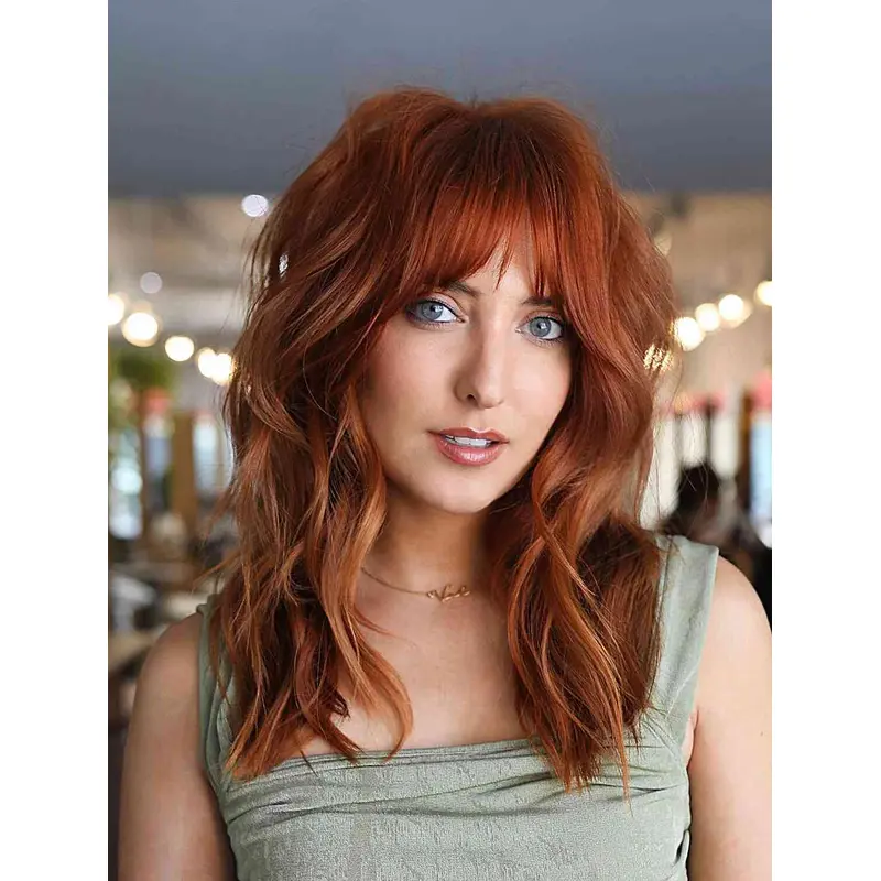 Best Mid Length Wigs Wavy Synthetic Wigs Lace Front With Bangs Wigs