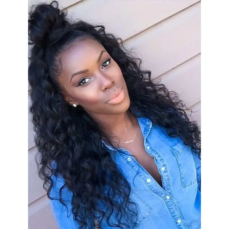 Black Curly 18" Without Bangs Remy Human Hair 360 Lace Wigs