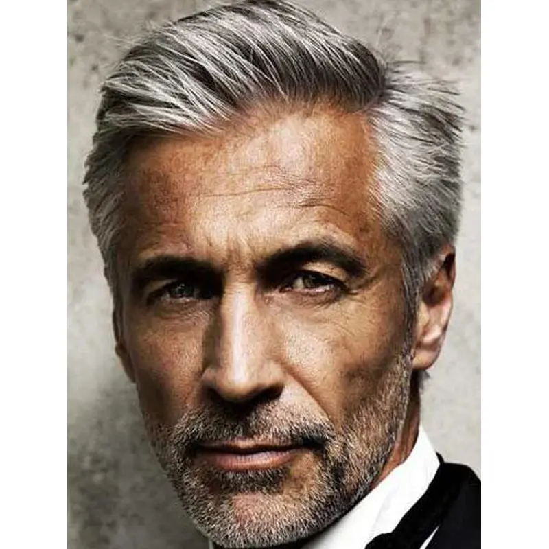 Grey Capless Straight Short Remy Human Hair Classic Side Part Men Wigs