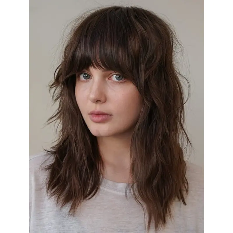 Medium Length Wigs Wavy Synthetic Wigs Lace Front With Bangs Wigs