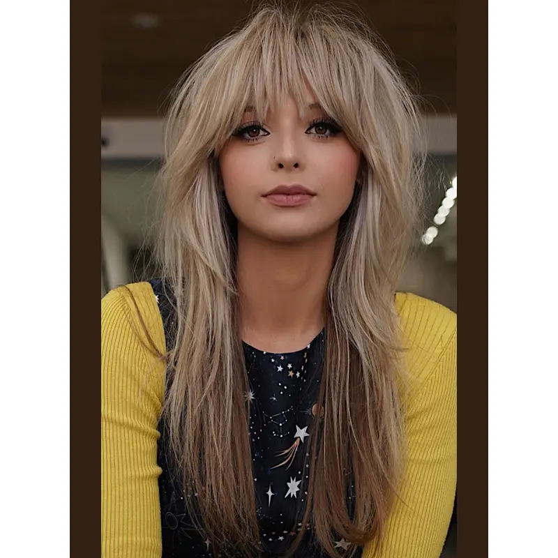 Human Hair Wigs Long Blonde Straight With Bangs 22" Lace Front Wigs