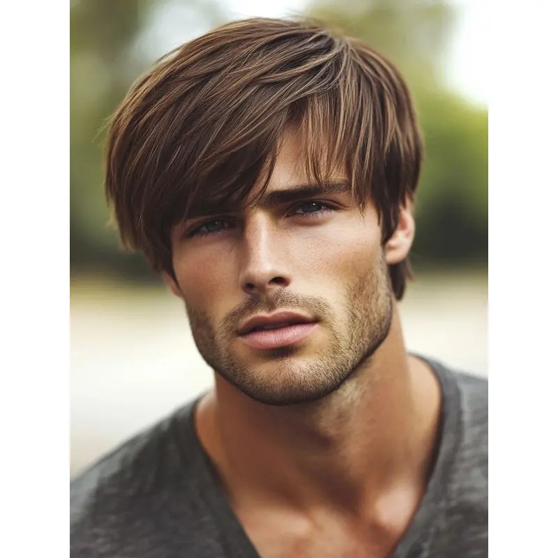 Mens Lace Wigs Remy Human Hair Straight Brown Short Wigs