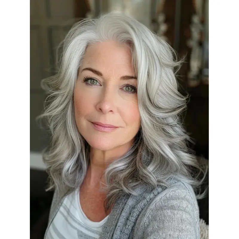 Grey Wigs For Old Ladies Synthetic Layered 16" Long Wigs