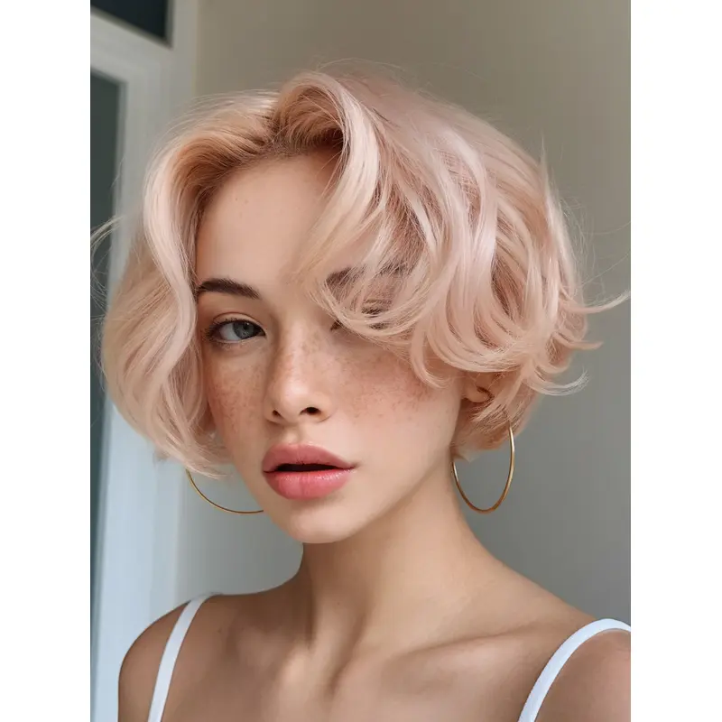 Ladies Wigs Short Styles 8" Bobs Pink Monofilament Synthetic Wavy Wigs