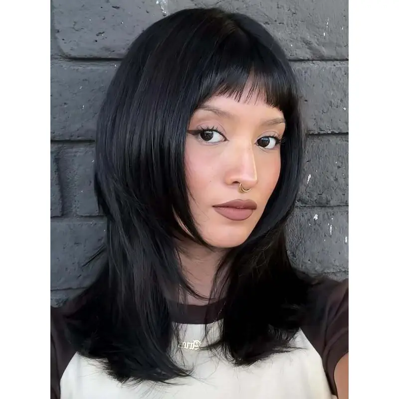 Long Straight Black Wig Remy Human Hair 16" Monofilament Wigs