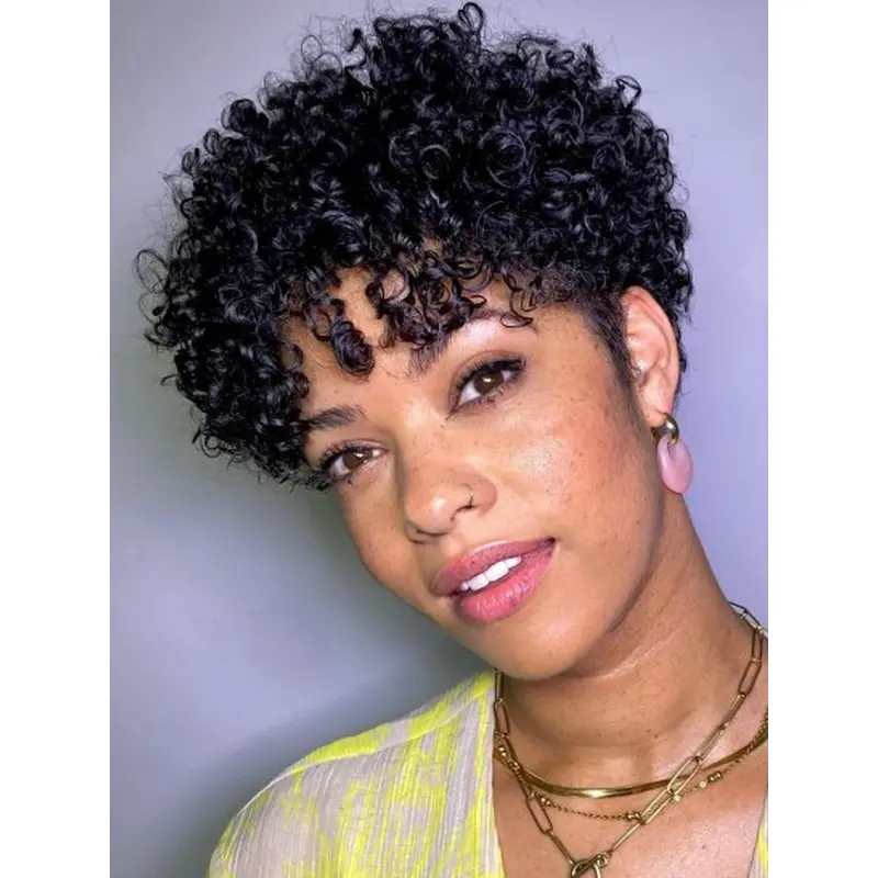 African American Human Hair Wigs Short Black Kinky 6" Wigs