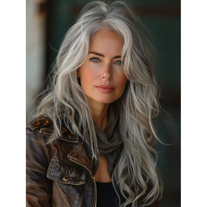 Long Grey Hair Wig Layered Synthetic 22" Straight Monofilament Wigs