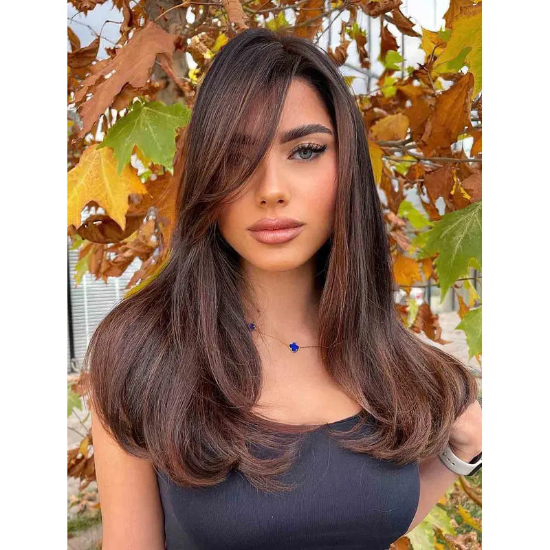 Long Wig Synthetic Layered Brown Wig Wavy Long Side Bangs Wigs