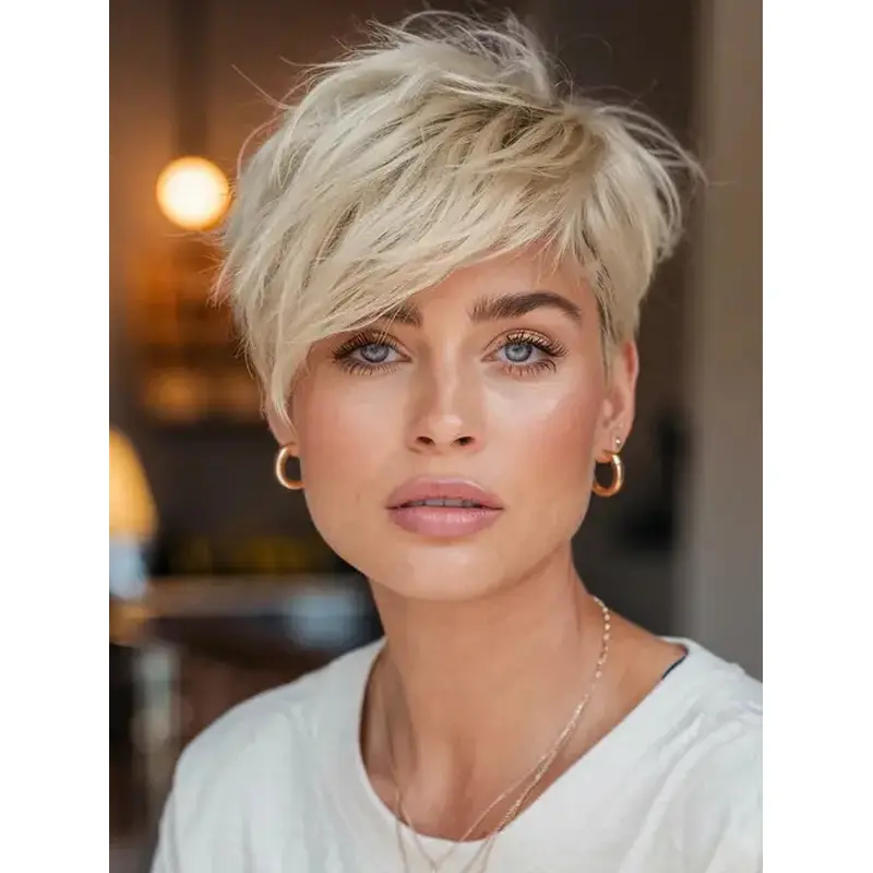 Short Pixie Wigs Platinum Blonde Synthetic Boycuts Lace Front 6" Straight Wigs