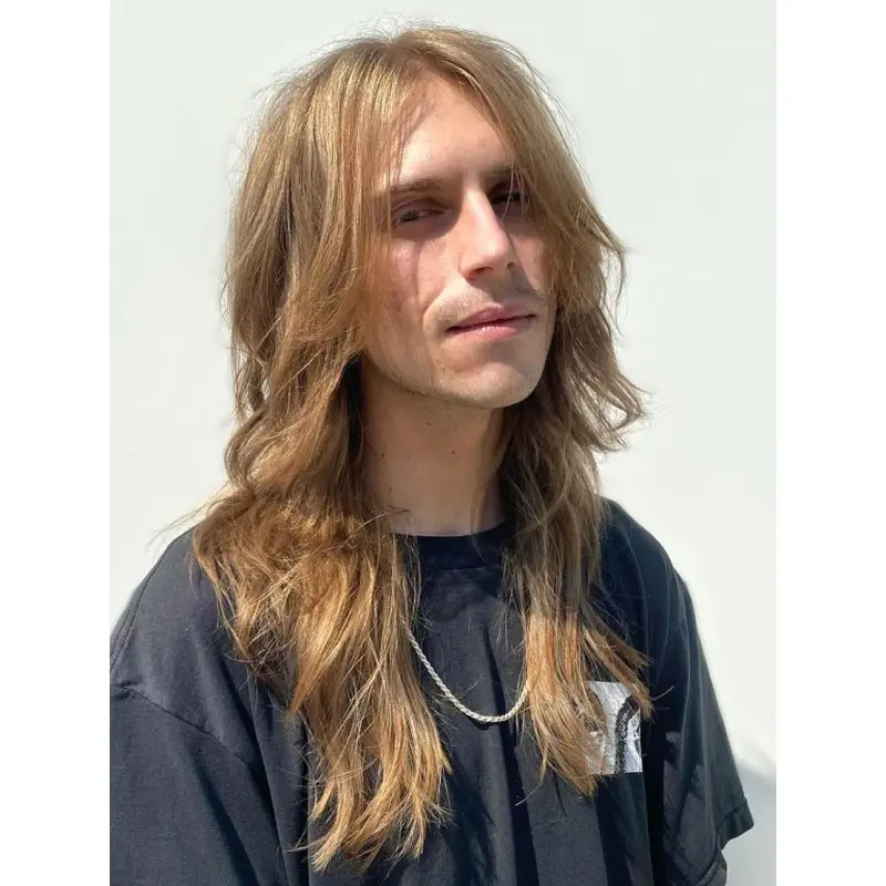 Wavy Capless Remy Human Hair Blonde Long Golden Locks Shag Men Wigs