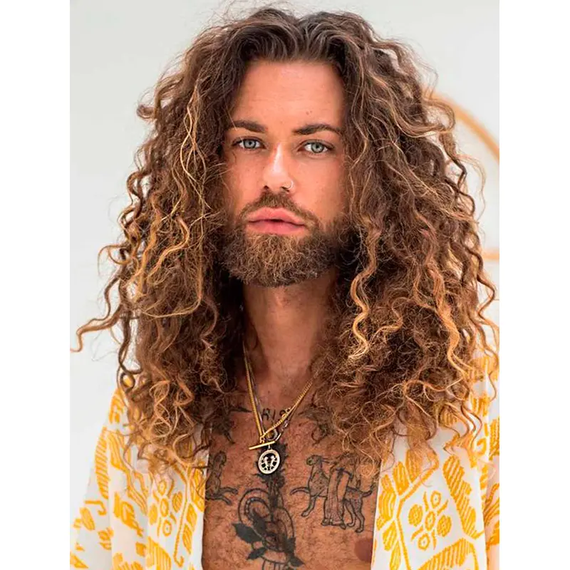 Monofilament Blonde Remy Human Hair Curly Mens Long Layered Wigs