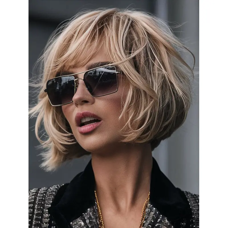 Short Blonde Wigs With Bangs Human Hair 10" Monofilament Wigs
