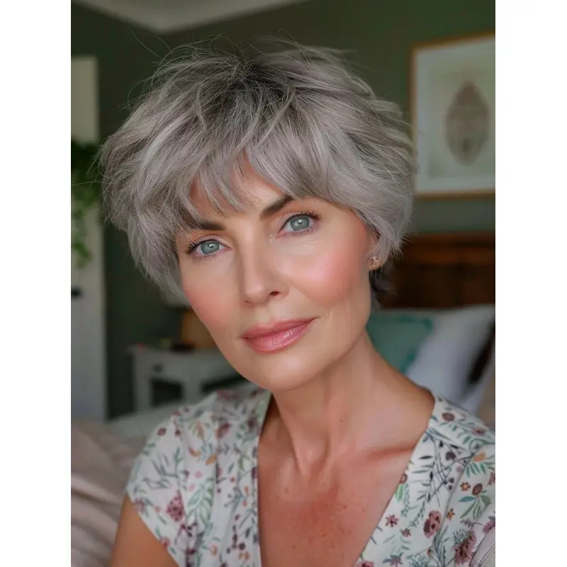 Womens Grey Hair Wigs Synthetic With Bangs 8" Short Wigs