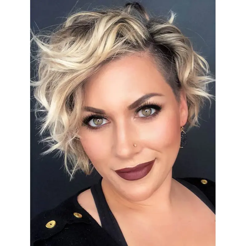 Short Curly Wigs Without Bangs Blonde Synthetic Wig Side Parted Pixie Wigs