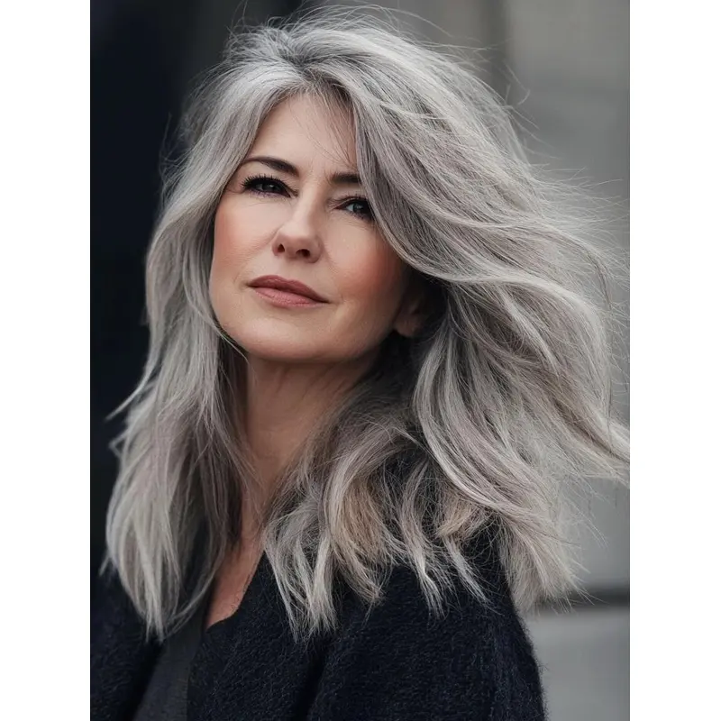 Ash Grey Wig Straight Remy Human Hair Lace Front 16" Without Bangs Long Wigs