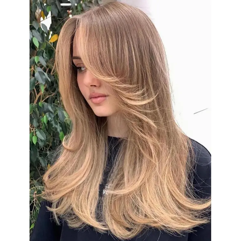Front Lace Wigs Wavy Long Blonde Synthetic Layered Bangs Wigs