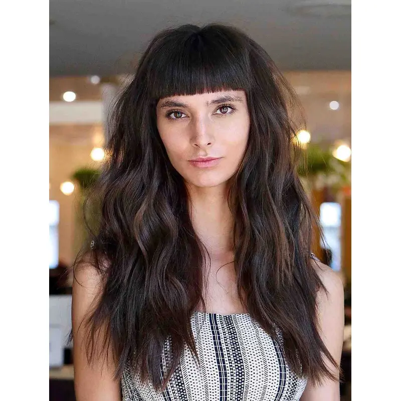 Long Wigs Wavy Lace Front Stylish With Bangs Wigs Synthetic Long Brown Wigs