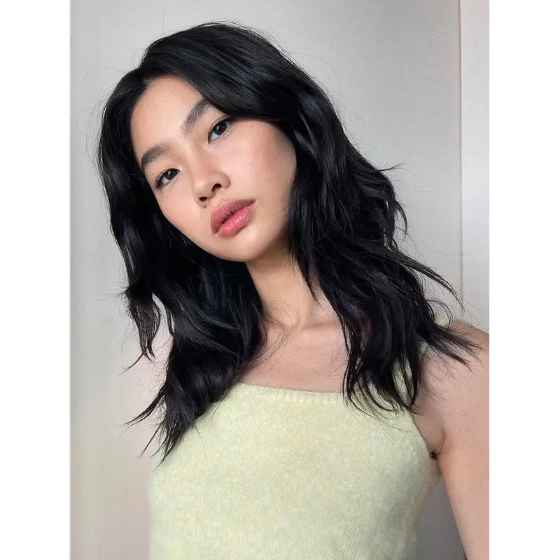 Lace Front Layered 16" Wavy Long Black Human Hair Wig