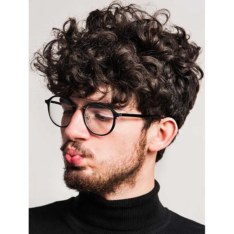 Brown Capless Short Remy Human Hair Curly Angular Fringe Men Wigs