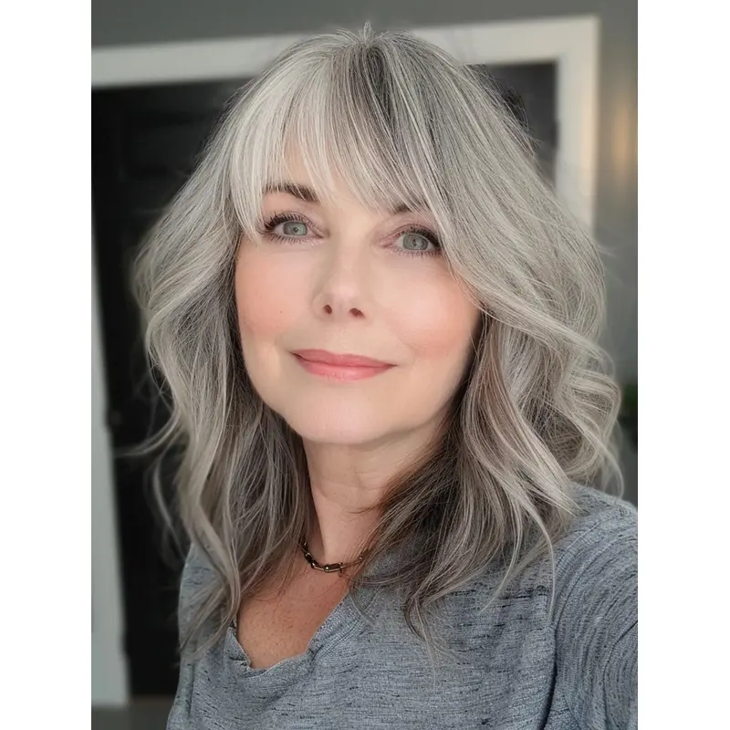 Grey Wigs For The Elderly 16" With Bangs Monofilament Long Synthetic Wigs