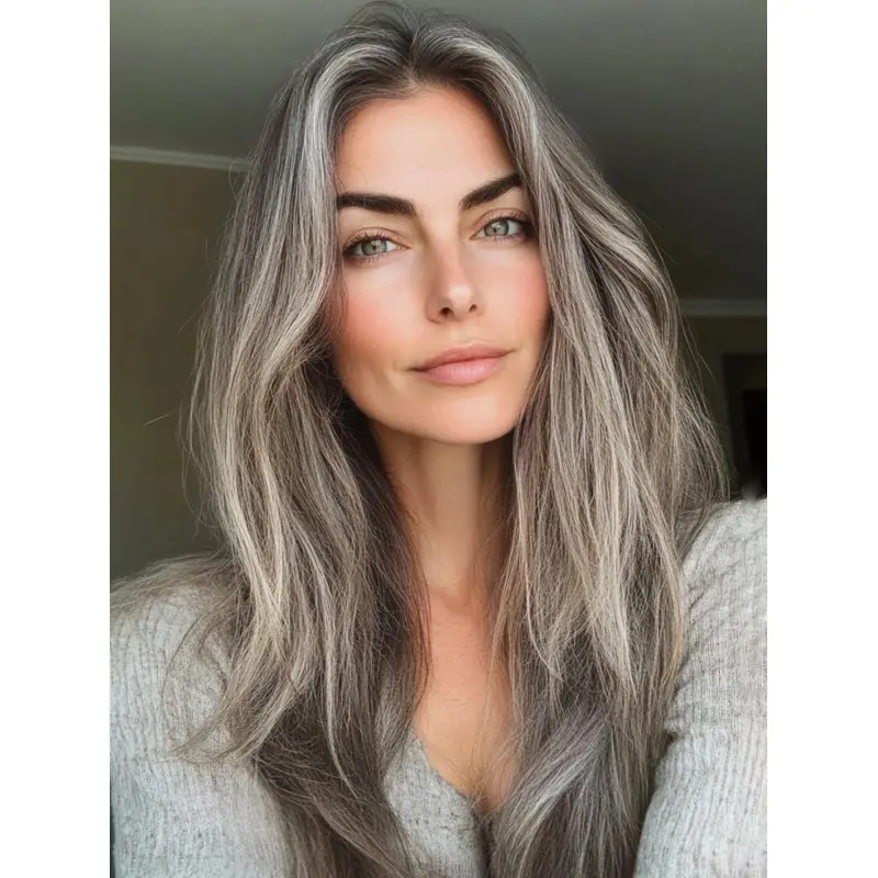 Long Grey Wigs Straight Remy Human Hair Monofilament Without Bangs 20" Wigs