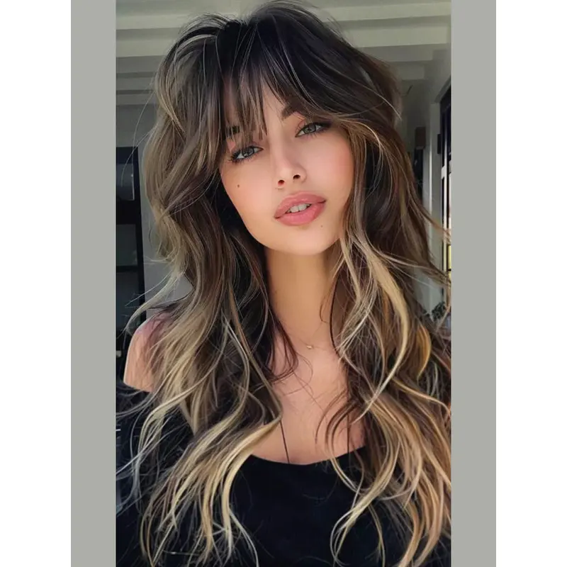 Long Hair Wigs Monofilament 22" Wavy With Bangs Wigs