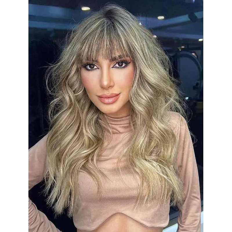 Womans Wigs Blonde Lace Front Long Wavy Synthetic Layered Full Bangs Wigs