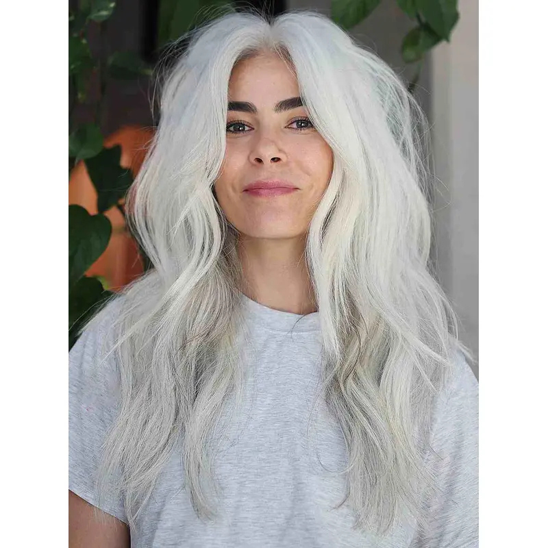 Grey Wigs Human Hair Layered Wavy Lace Front Wigs