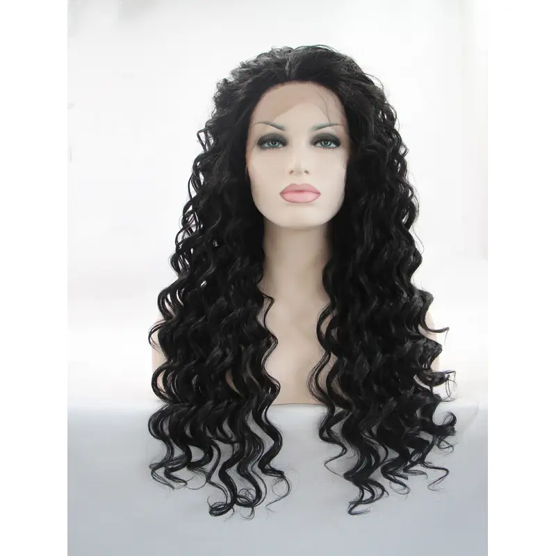 Without Bangs Black 25" Curly Long Lace Front Synthetic Wigs