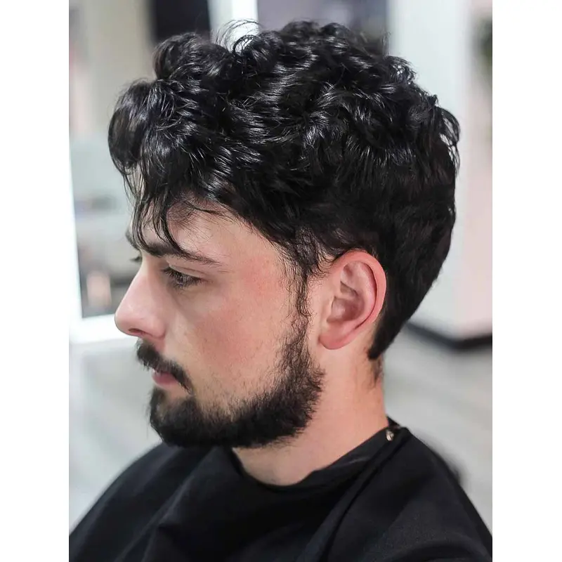 Black Remy Human Hair Capless Wavy Short Slicked Back Perm Men Wigs