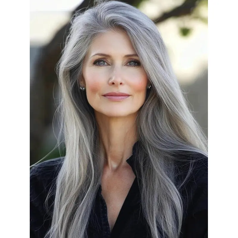 Ash Grey Wig Straight Synthetic Lace Front 18" Without Bangs Long Wigs