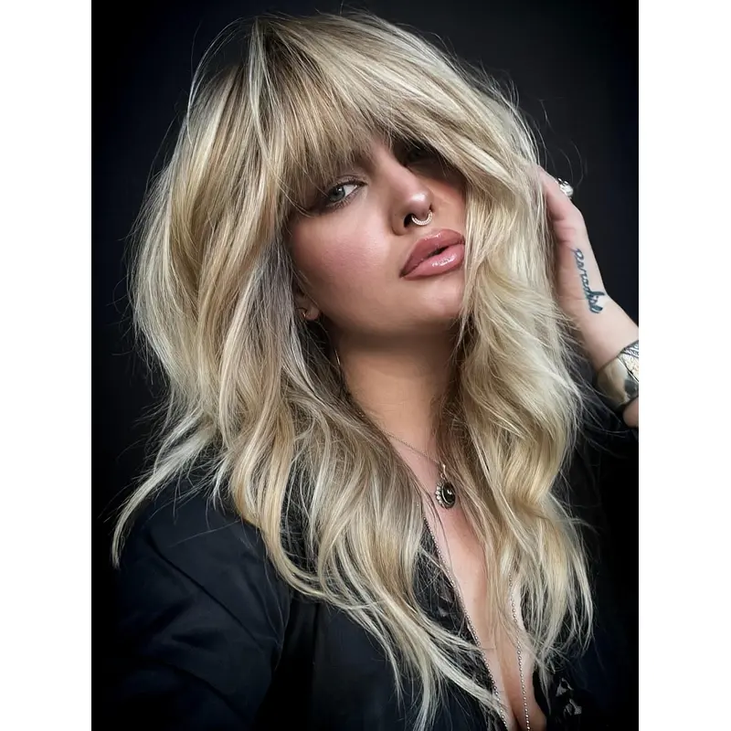 Long Hair Wig With Bangs Synthetic 16" Wavy Lace Front Wigs