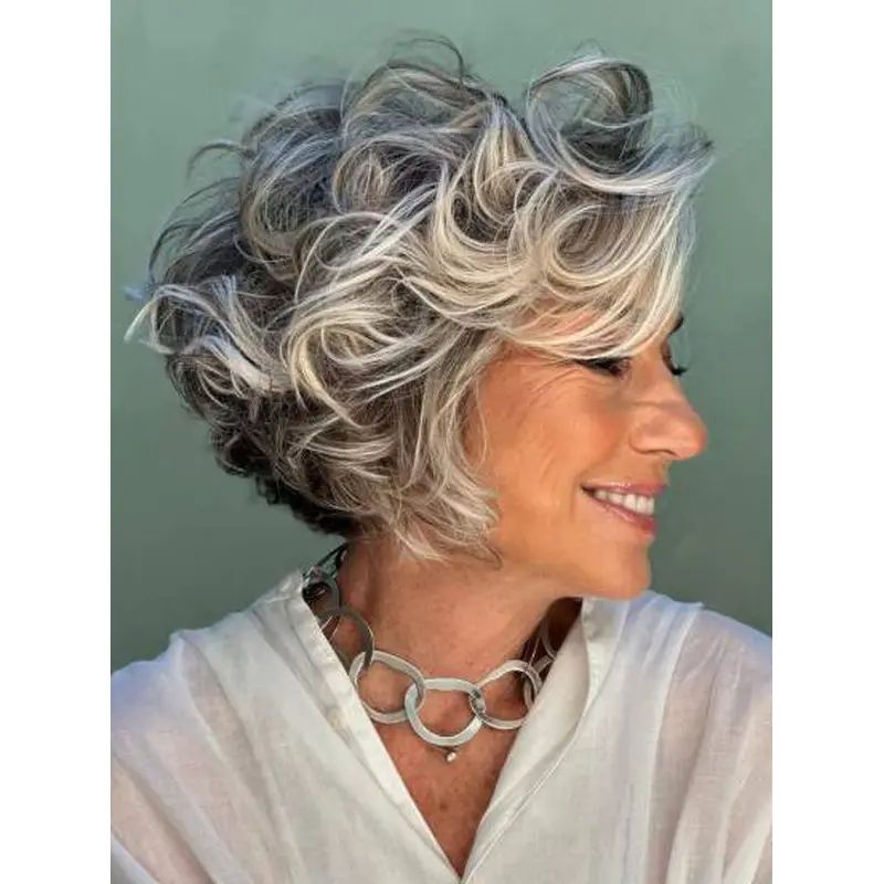 Short Grey Hairstyles Curly Bobs 8" Synthetic Wigs