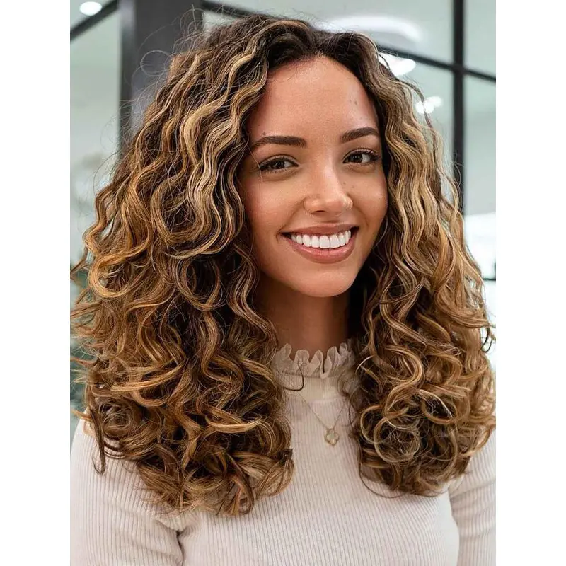 Long Brown Wig Curly Lace Front Brown Synthetic Without Bangs Middle Part Wigs