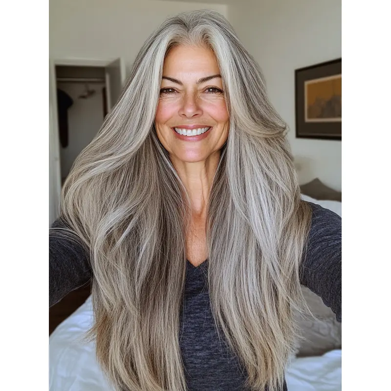 Ladies Grey Wigs 28" Without Bangs Monofilament Synthetic Long Wigs