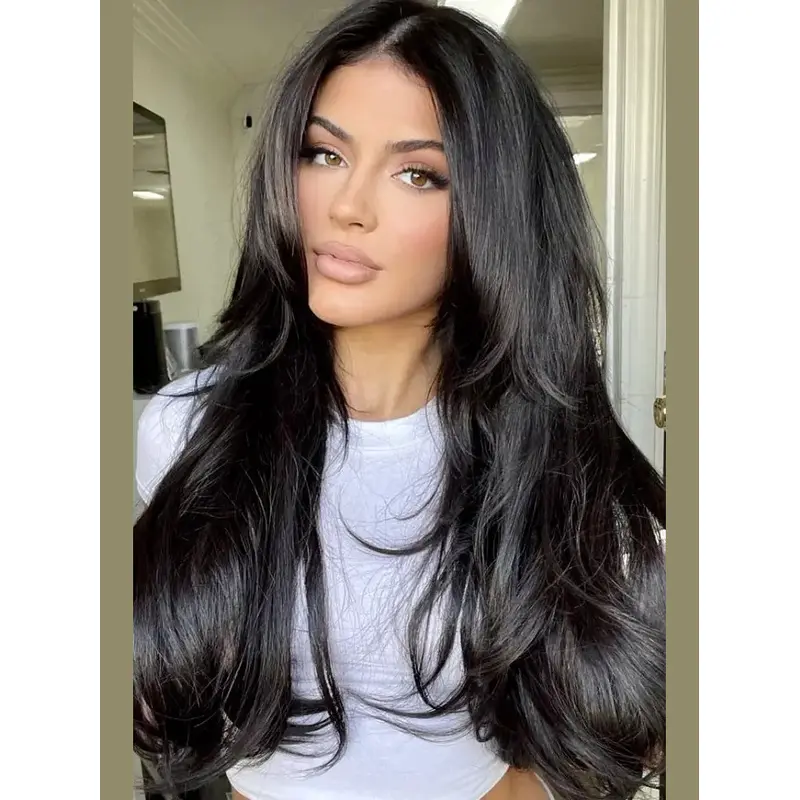 Layered Monofilament 20" Long Black Wig Human Hair