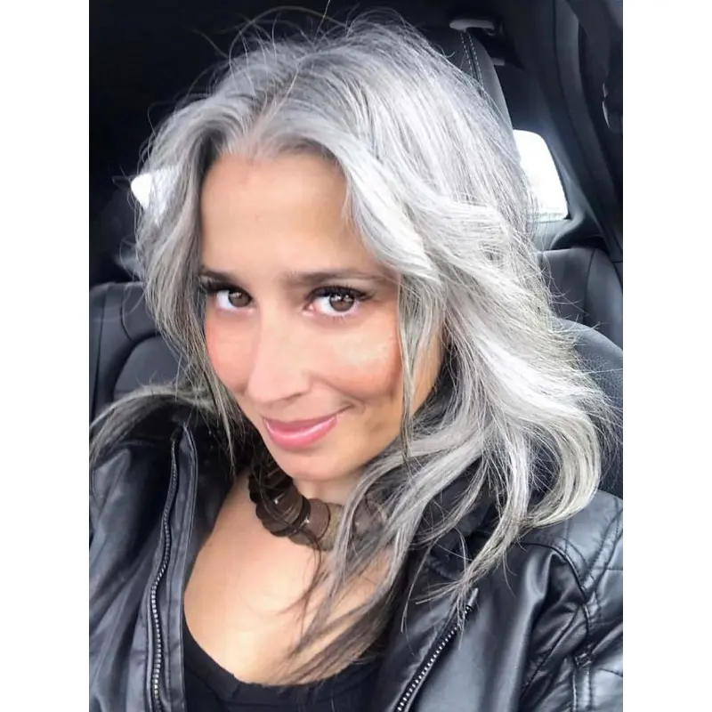 Long Grey Hair Over 60 16" Layered Wavy Synthetic Wigs