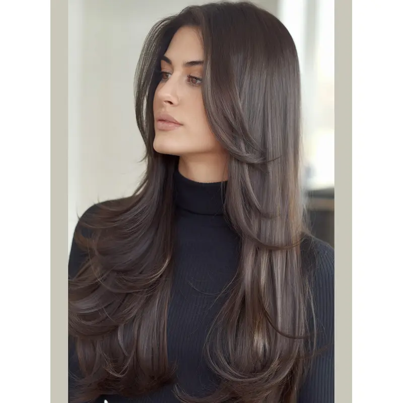 Long Brown Human Hair Wigs 22" Lace Front Layered Wigs