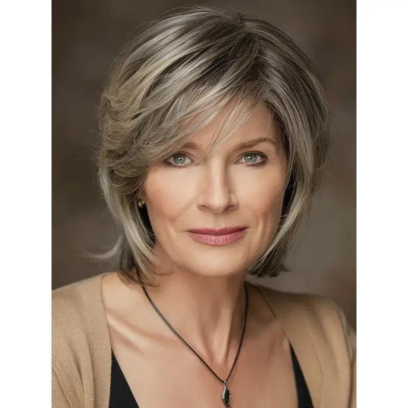 Short Grey Bob Wig 8" Straight With Bangs Remy Human Hair Wigs