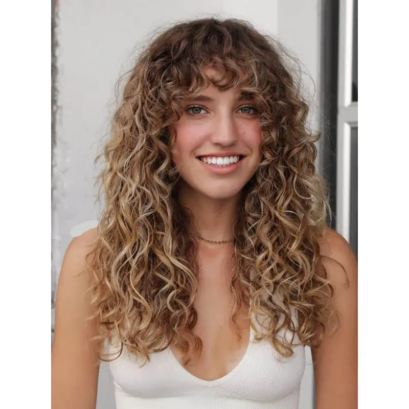 With Bangs 16" Long Curly Human Hair Wig