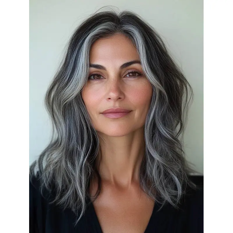 Grey Human Hair Wigs Long Lace Front Straight Without Bangs 16" Wigs